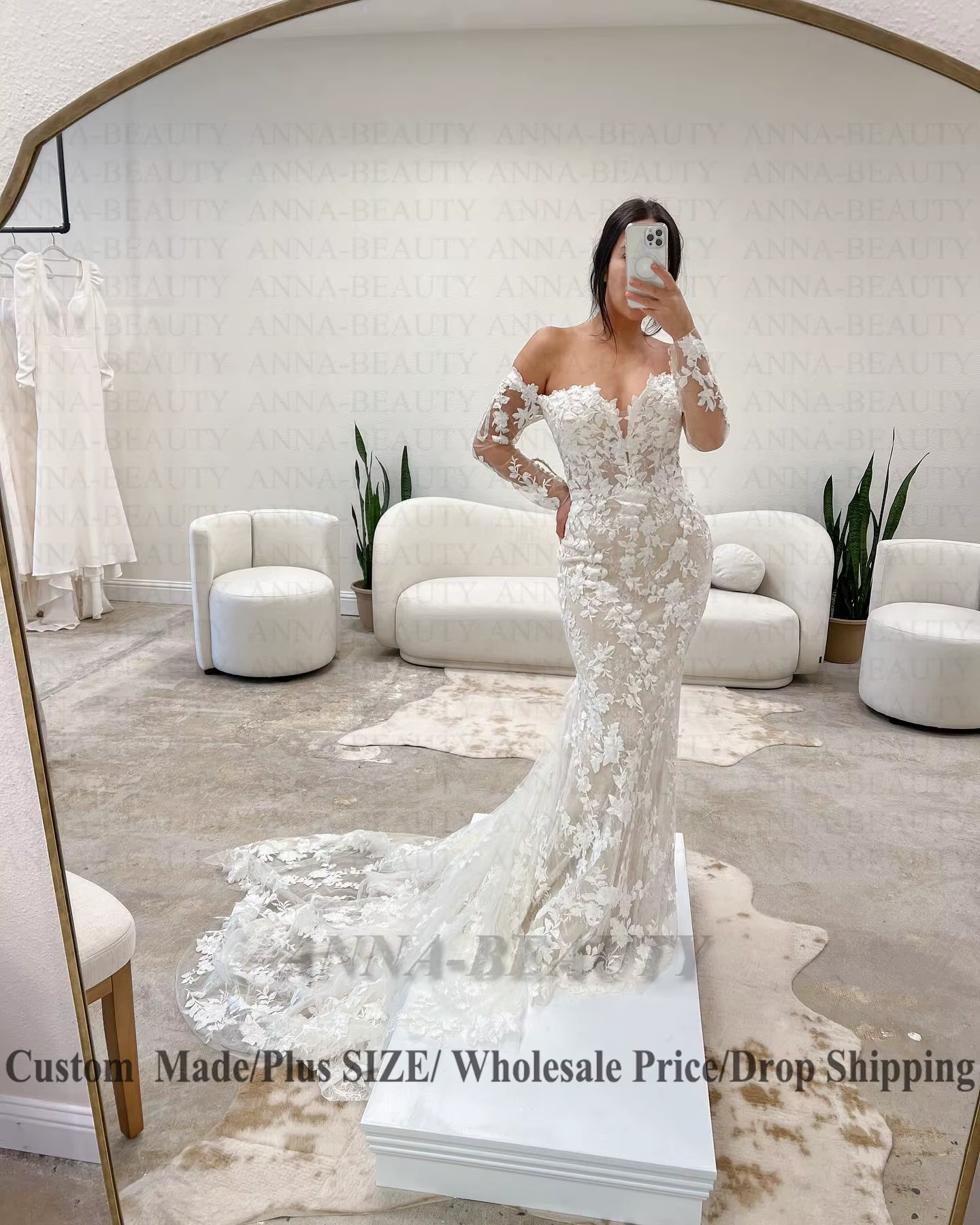 Anna Charmante Robe de Mariée en Dentelle et Tulle à Manches sulfpour Mariage, Personnalisée, Grande Taille