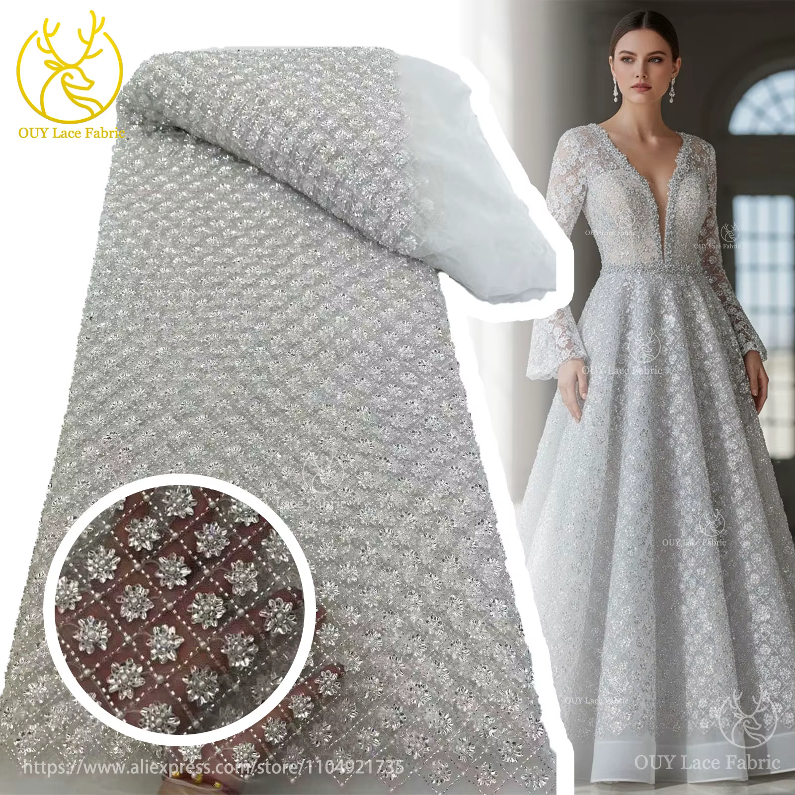Robe de mariée blanche élégante française avec paillettes broderie Tulle dentelle tissu africain nigérian marié perlé