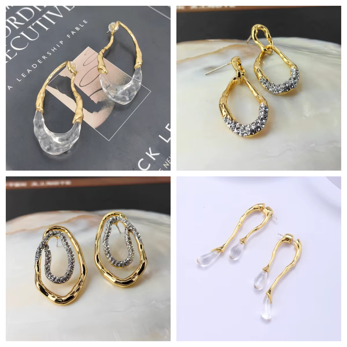 Boucle d'oreille pendante en cristal blanc naturel en forme de U rempli d'or 18 carats de styliste français, cerceau d'oreille géométrique bicolore, bijoux de déclaration