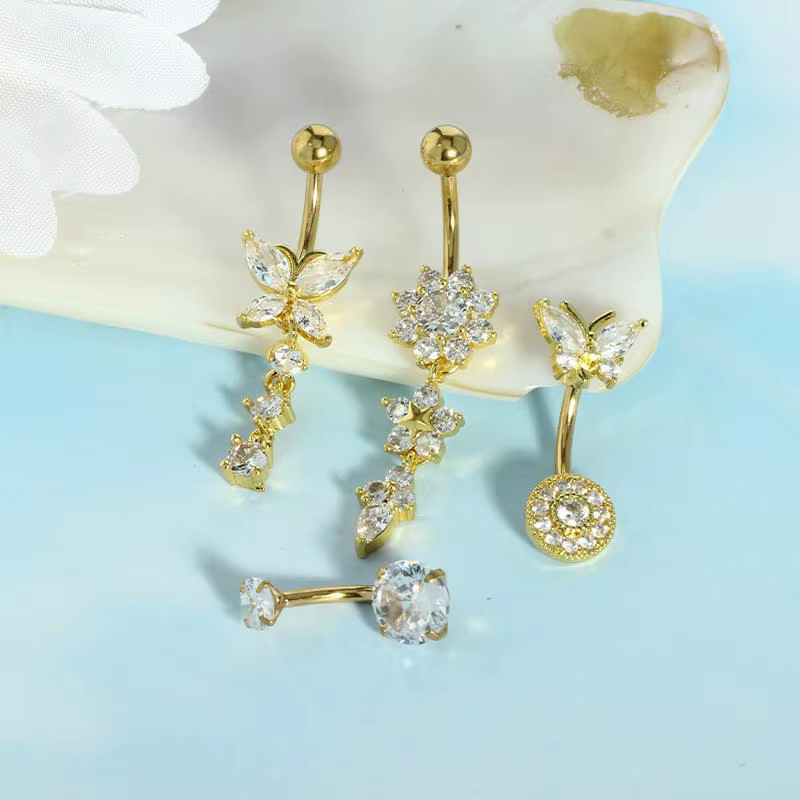 Lot de 4 Piercings de Nombril 14G avec Pendentif Papillon et Fleur