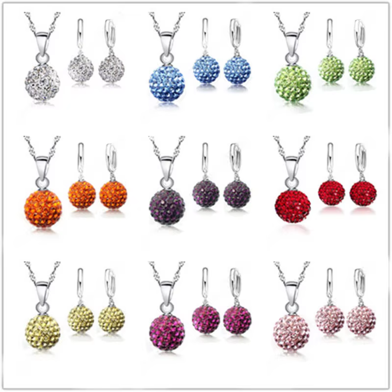 Crazy nouveaux ensembles de bijoux 925 en argent Sterling cristal autrichien pavé boule Disco levier arrière boucle d'oreille pendentif collier femme cadeau