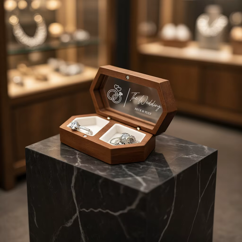 Boîte à bagues personnalisée en bois de noyer – Porte-bague de fiançailles et de mariage gravé sur mesure