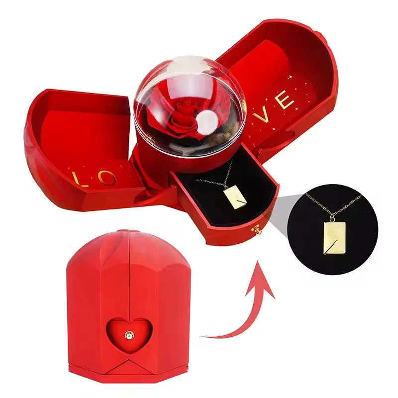 Boîte à bijoux de fleurs séchées en or rose avec compartiment d'amour secret – Surprise d'anniversaire de luxe dévoidant pour H
