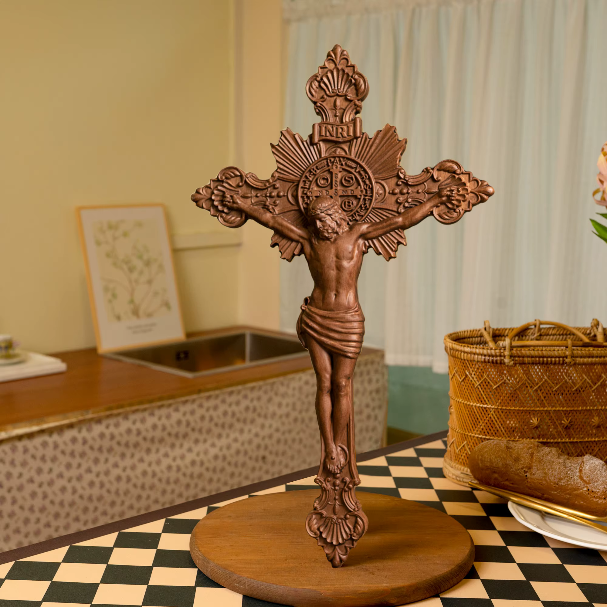 Sculpture sur bois de croix d'exorcisme de saint benoît, prière d'autel catholique, croix en bois, artisanat de décoration sainte, cadeau religieux