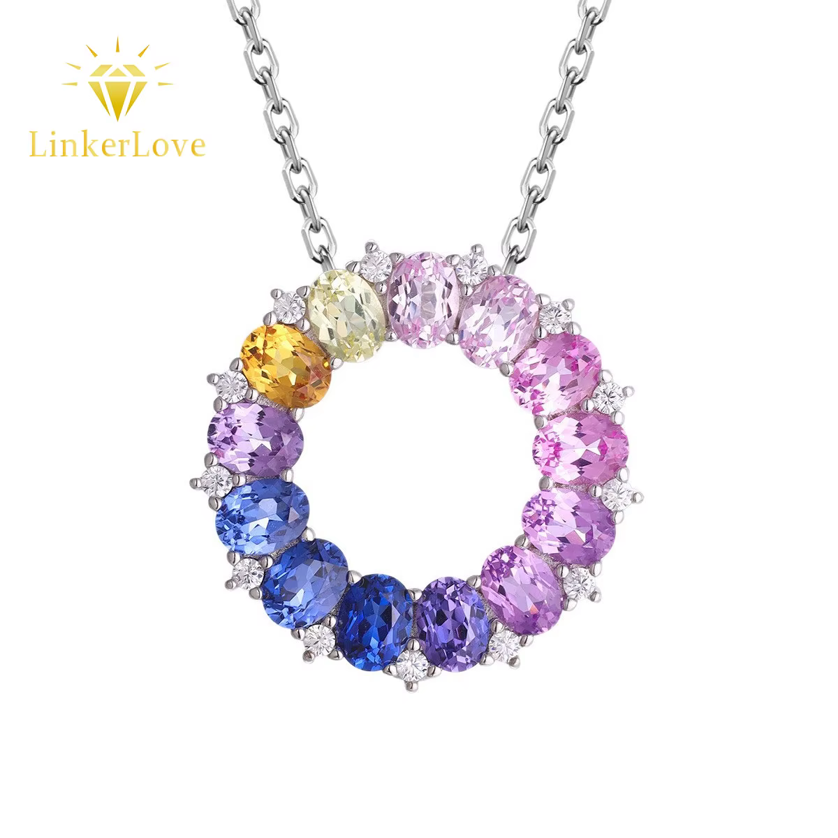Collier pendentif cercle en argent sterling S925 LinkerLove avec saphirs multicolores arc-en-ciel pour femme