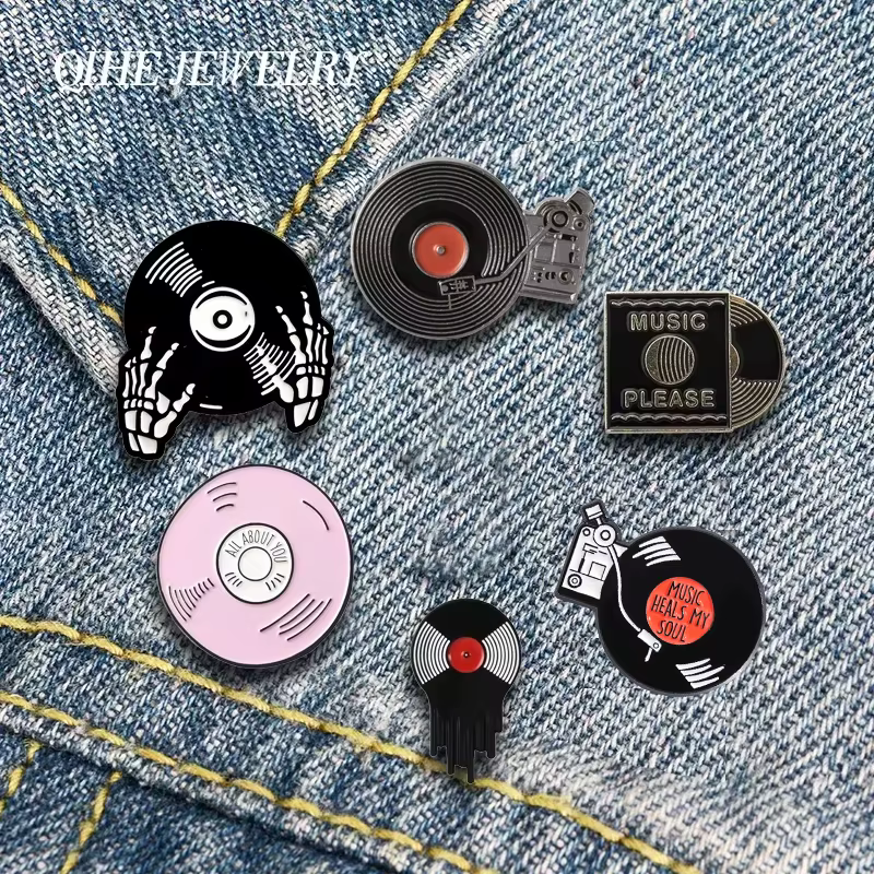 QIHE bijoux musique émail épinglettes classique phonographe vinyle disques broches Badges mode broches cadeaux pour amis en gros