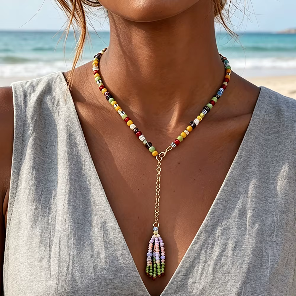 Colliers longs en perles de rocaille multicolores faits à la main, style bohème, en forme de Y, pour femmes, bijoux tendance Y2K, bijoux pour festivals d'été