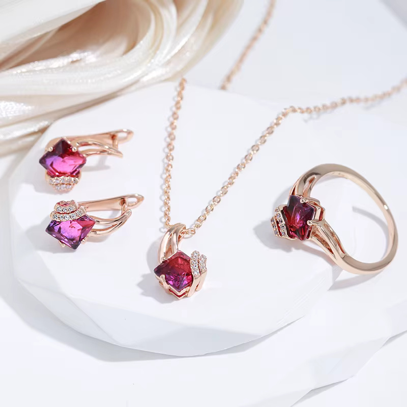 SYOUJYO Vintage grenat rouge naturel Zircon ensembles de bijoux 585 couleur or Rose mode robe Collocation collier boucles d'oreilles bague cadeau