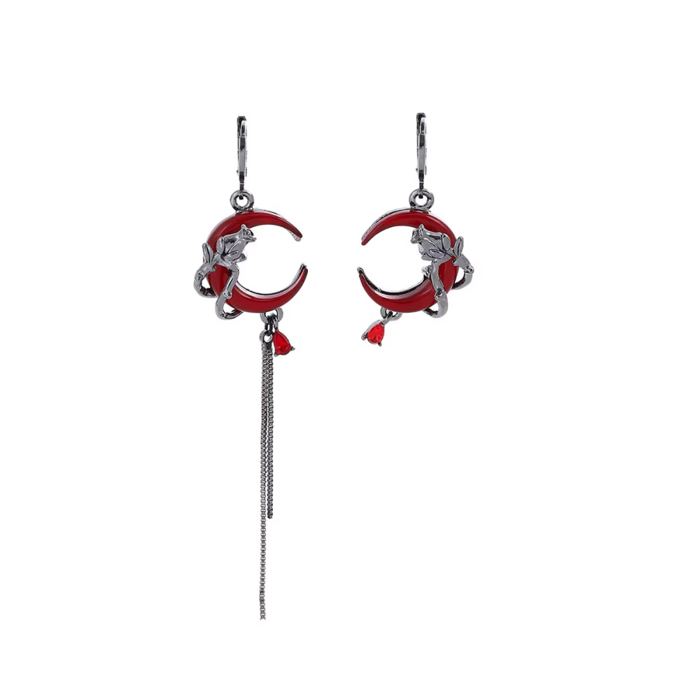 Personnalité Hip-Pop gothique foncé oreille pendentifs gland chaîne Eardrop loin boucle bijoux accessoire rouge lune gemme asymétrique boucles d'oreilles