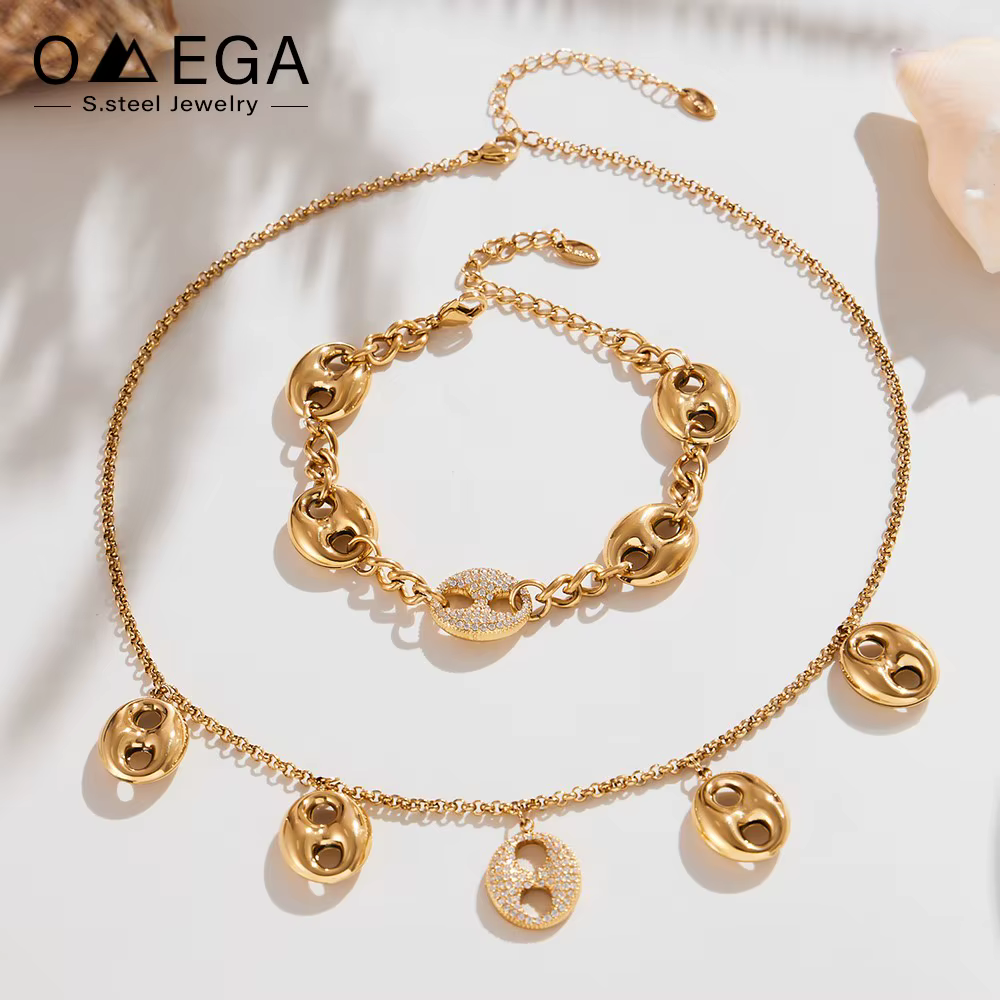 Collier à breloques en acier inoxydable pour femmes, chaîne plaquée or 18 carats, Bracelets assortis, ensemble de bijoux de déclaration