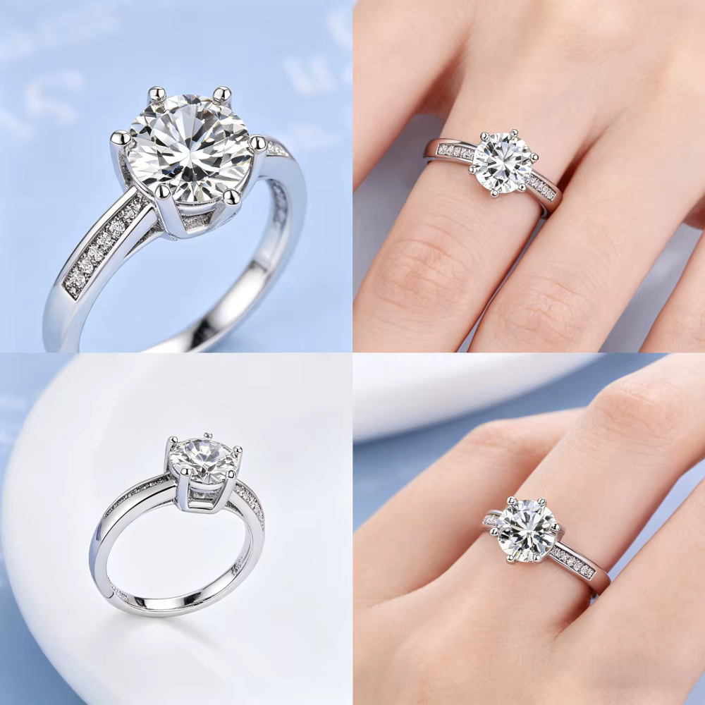 Bague en argent sterling 925 avec moissanite, solitaire classique à 6 griffes avec pierres latérales, bague de promesse de mariage ajustable pour femme