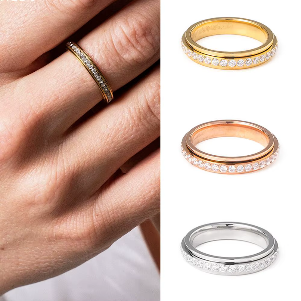 CARLIDANA bague rotative Spinner Spinning Fidget Anti-anxiété plaqué or Zircon titane acier femmes