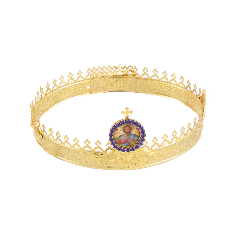 Couronne de mariage orthodoxe plaquée or avec icône de la Vierge Marie pour la liturgie de l'église