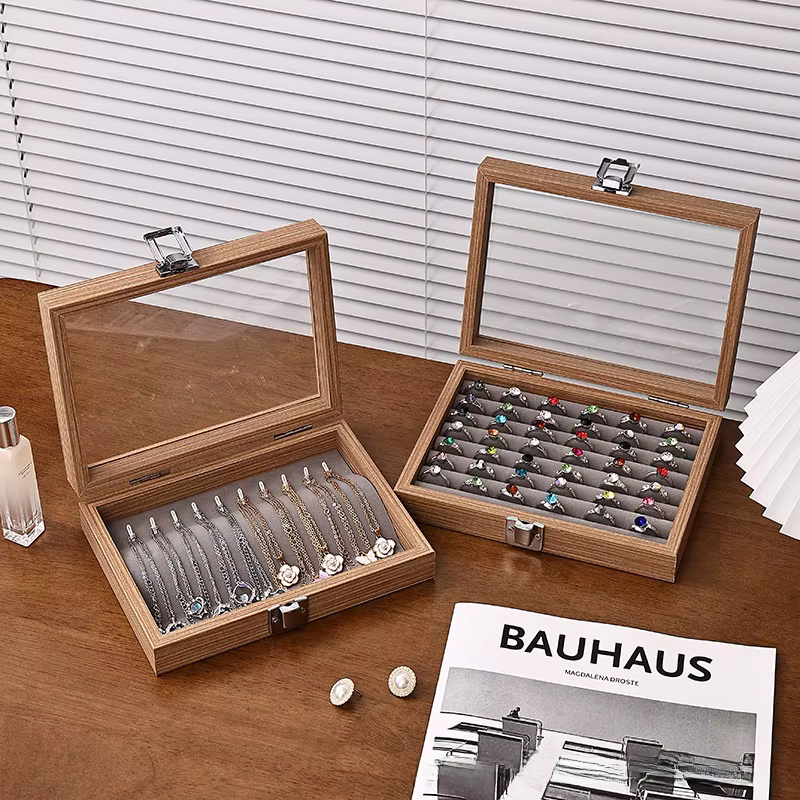 Boîte à bijoux couverte anti-poussière de grande capacité, mallette de rangement pour bagues, colliers, Bracelets, artisanat, boîte rigide en bois avec motif