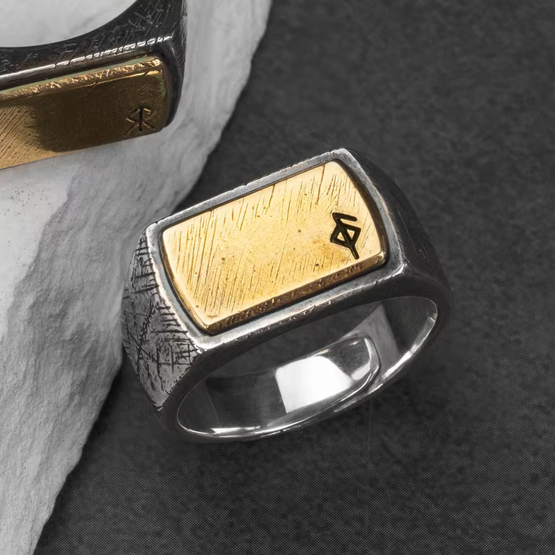 Bague marteau nordique en argent incrusté de cuivre, Rune Viking, bijoux en argent