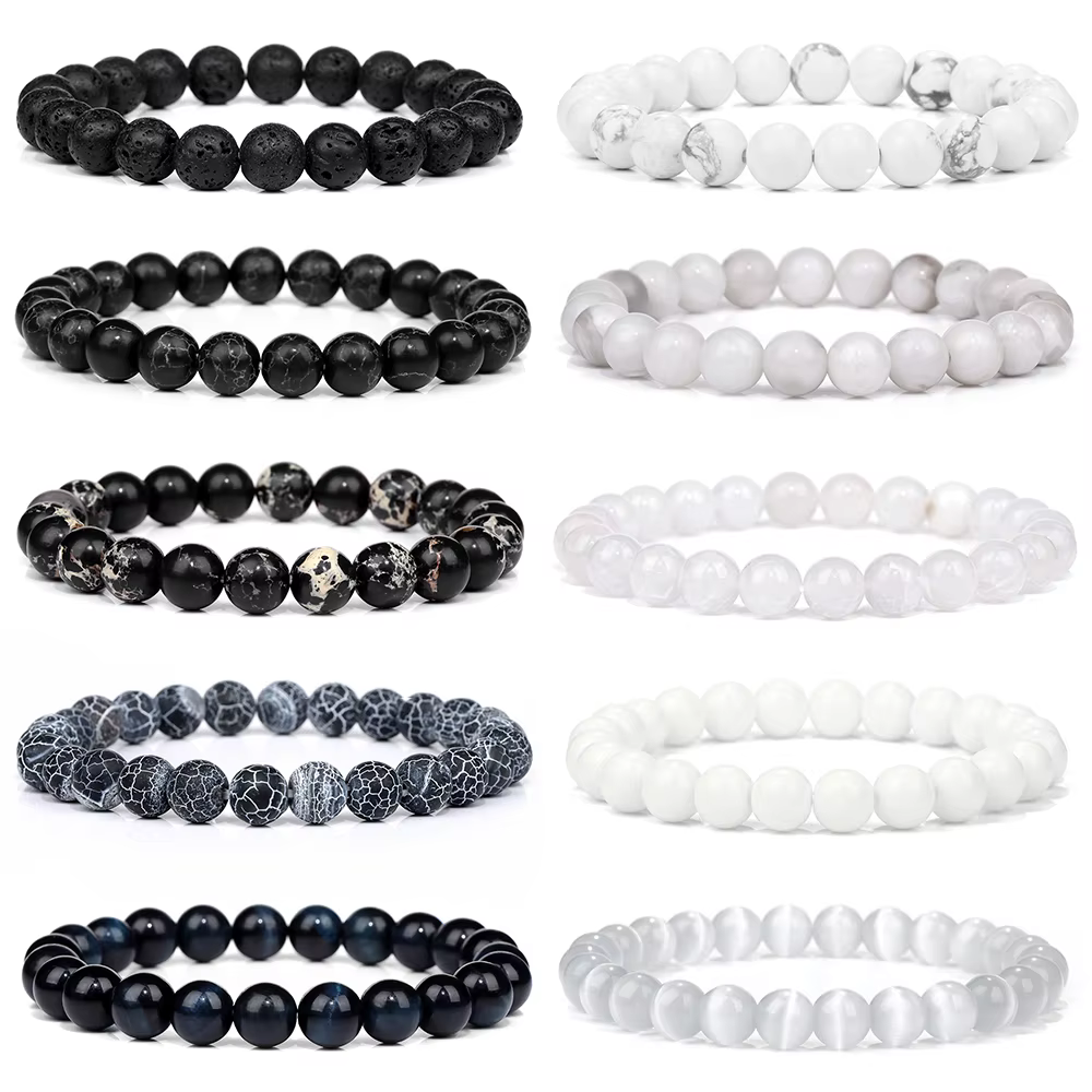 Bracelet en pierre noire, blanche et grise, perles de 8mm, lave, Turquois, Labradorite, bijoux de Mediation de santé, cadeaux pour hommes et femmes