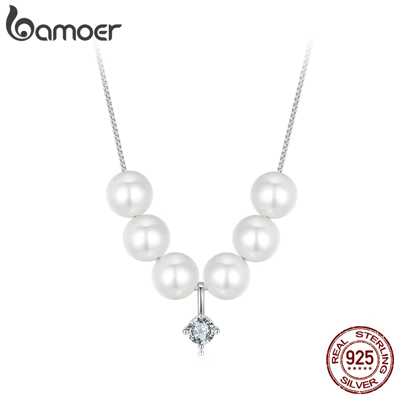 BAMOER élégant Moissanite perle pendentif collier pour les femmes de mariage 925 en argent Sterling avec des bijoux plaqués or blanc
