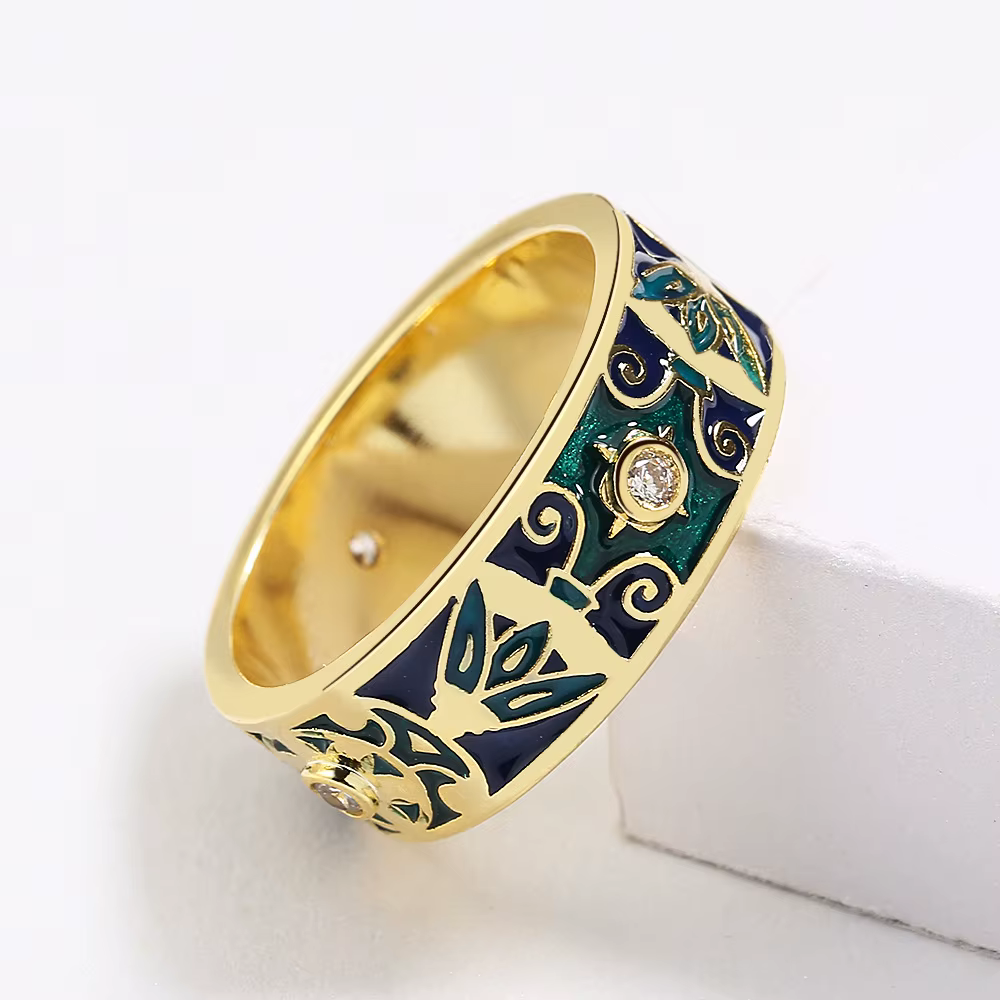 Bague créative en or 18 carats en émail fait à la main pour femmes