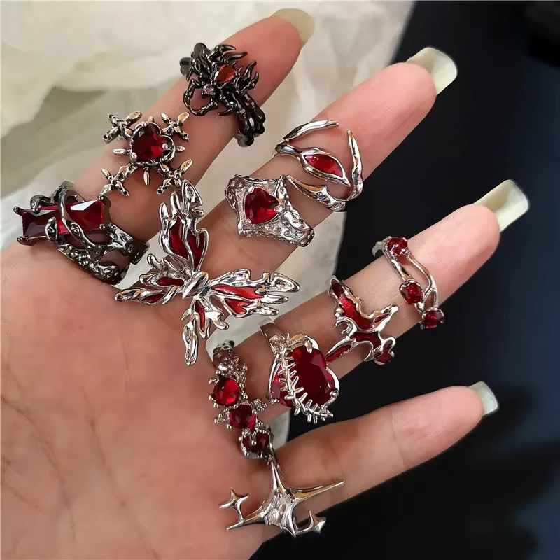 Goth Punk rétro rouge cristal amour coeur croix géométrie irrégulière anneau ouvert ensemble Y2K Halloween accessoires pour femmes Kpop bijoux