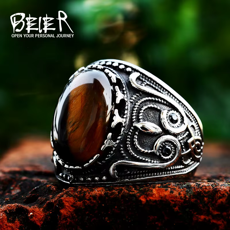 BEIER Vintage homme garçon ovale oeil de tigre pierres brunes bague en acier inoxydable bijoux hommes accessoires Anel Aneis BR8-699
