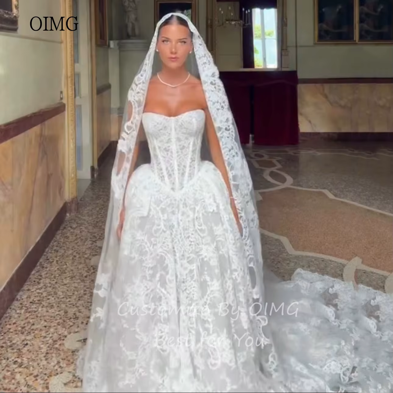 OIMG dentelle bretelles une ligne robe de mariée dos nu robes