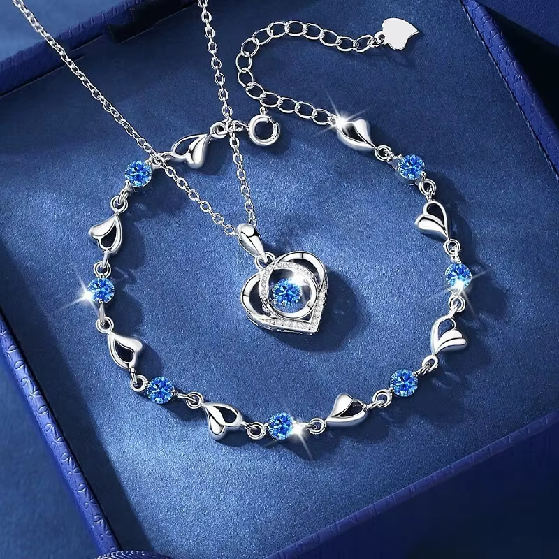 925 en argent Sterling en forme de coeur collier Bracelet ensemble pour les femmes Vintage coréen bleu cristal Bracelets