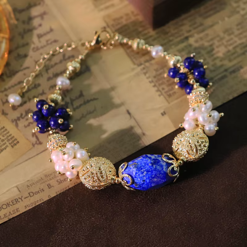 Bracelet de perles d'eau douce naturelles Lapis Lazuli