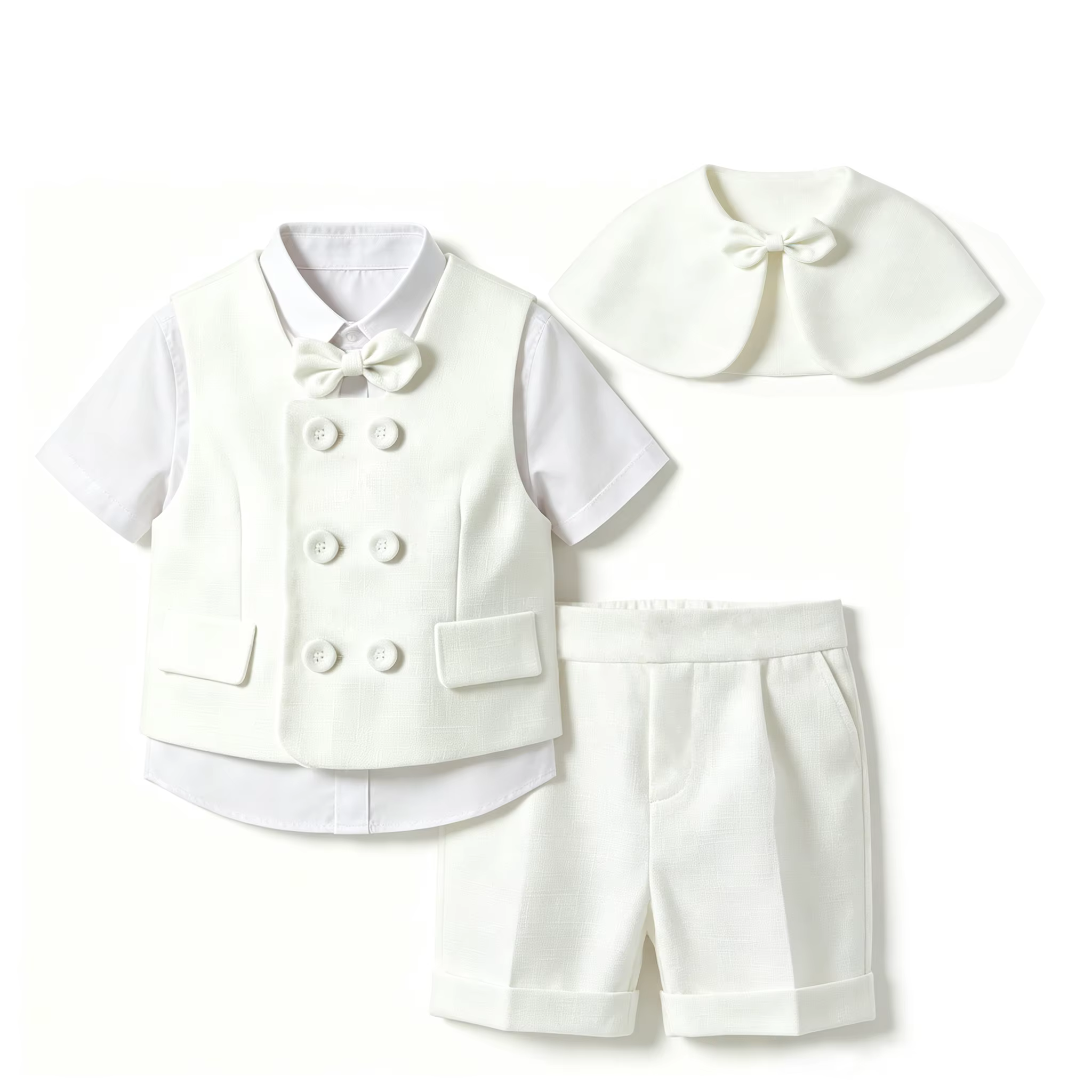 Ensemble 4 pièces pour petit garçon, style gentleman blanc : Gilet, chemise à manches courtes, short à bretelles, nœud papillon et châle, pour mariage, baptême, fête formelle