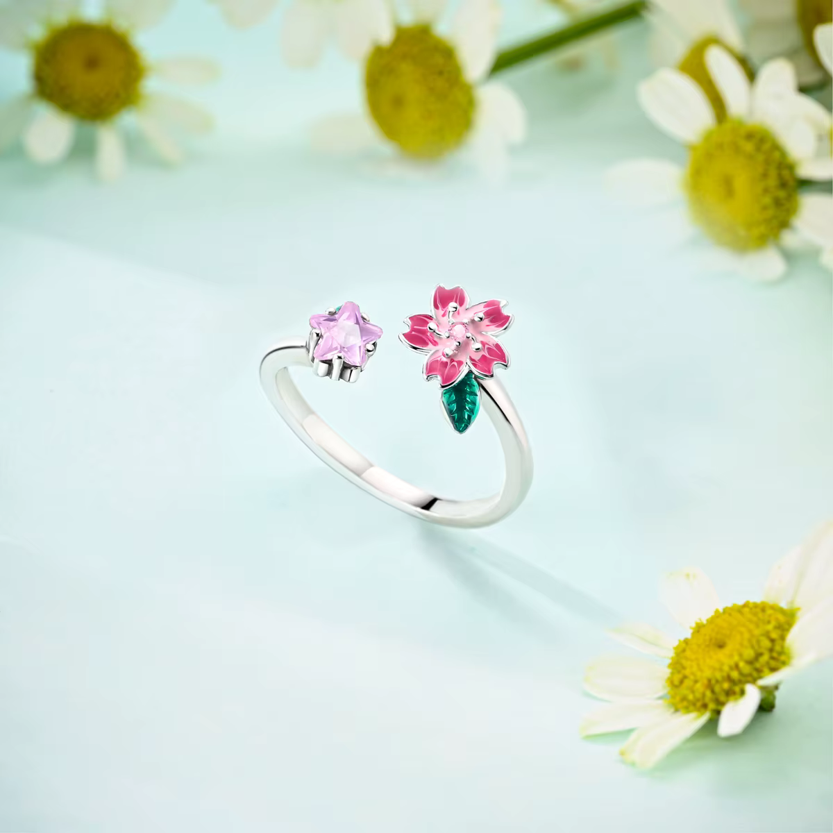 Bague ajustable rotative en argent sterling 925 avec motif fleur de cerisier pour femmes et jeunes filles – Bijou