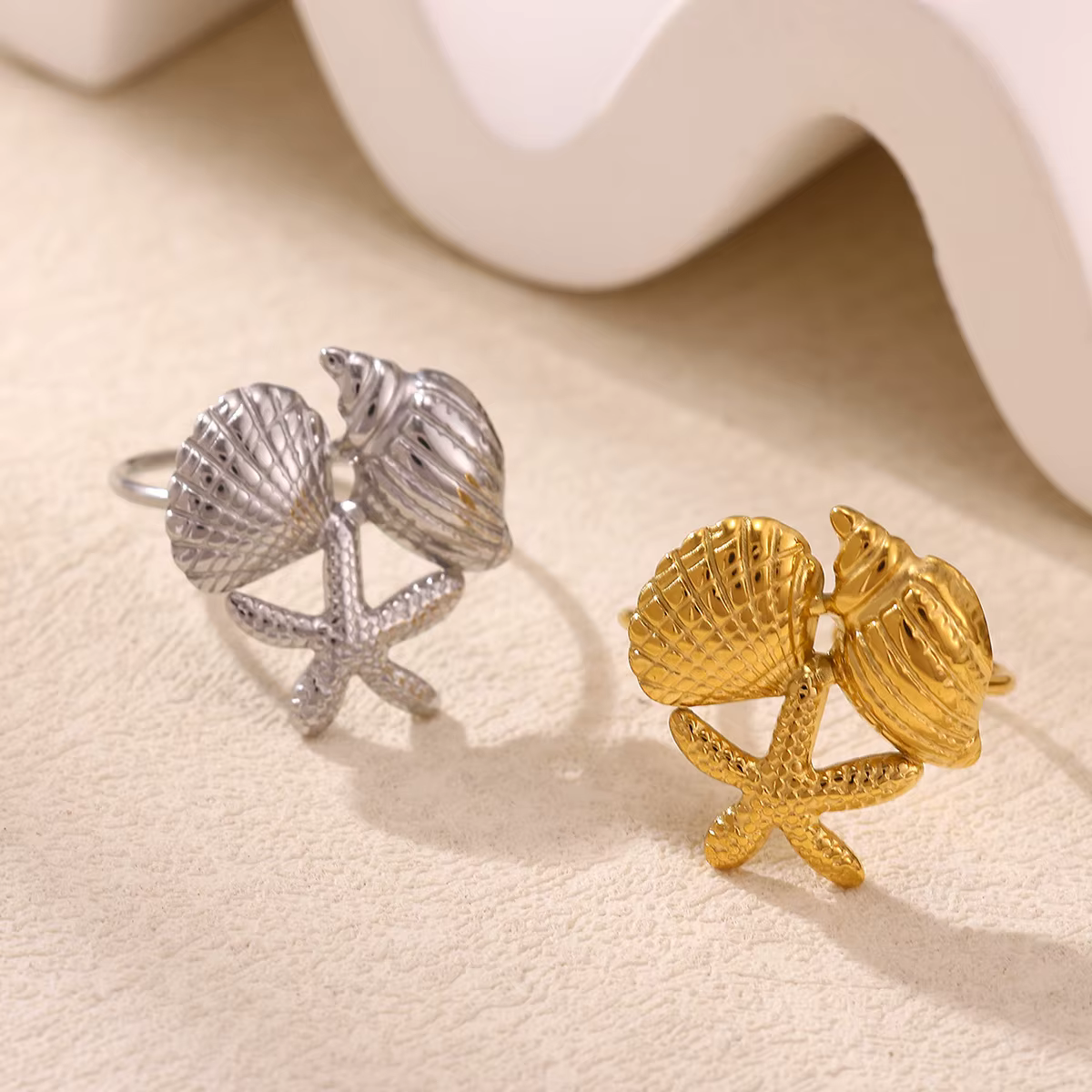 Bague style océan pour femme, couleur or, acier inoxydable, étoile de mer, coquillage, conque, jolies bagues, bijoux d'été, plage, étanches, cadeau