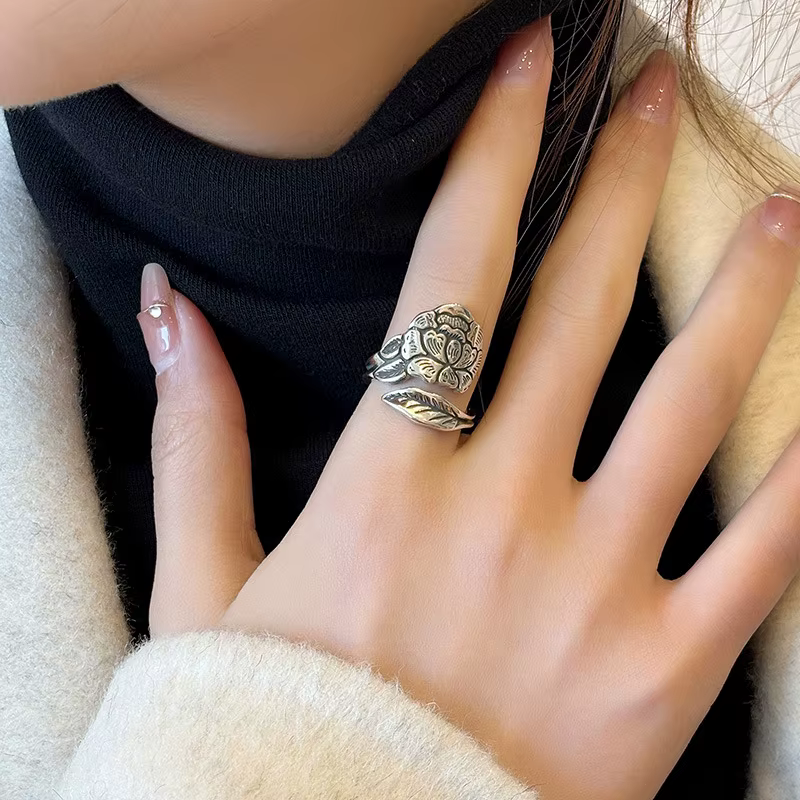 Buyee 925 en argent Sterling grand anneau doigt pivoine