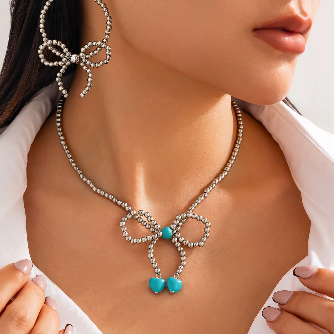 KunJoe-Collier ras du cou perlé avec nœud élégant pour femme