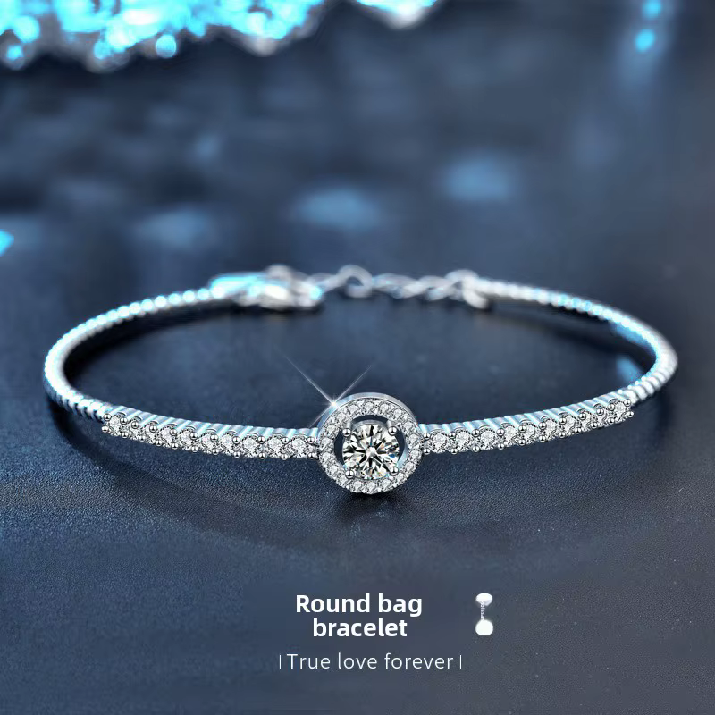 Bracelet ouvert moderne : argent S925 plaqué rhodium avec moissanite plein cercle 0