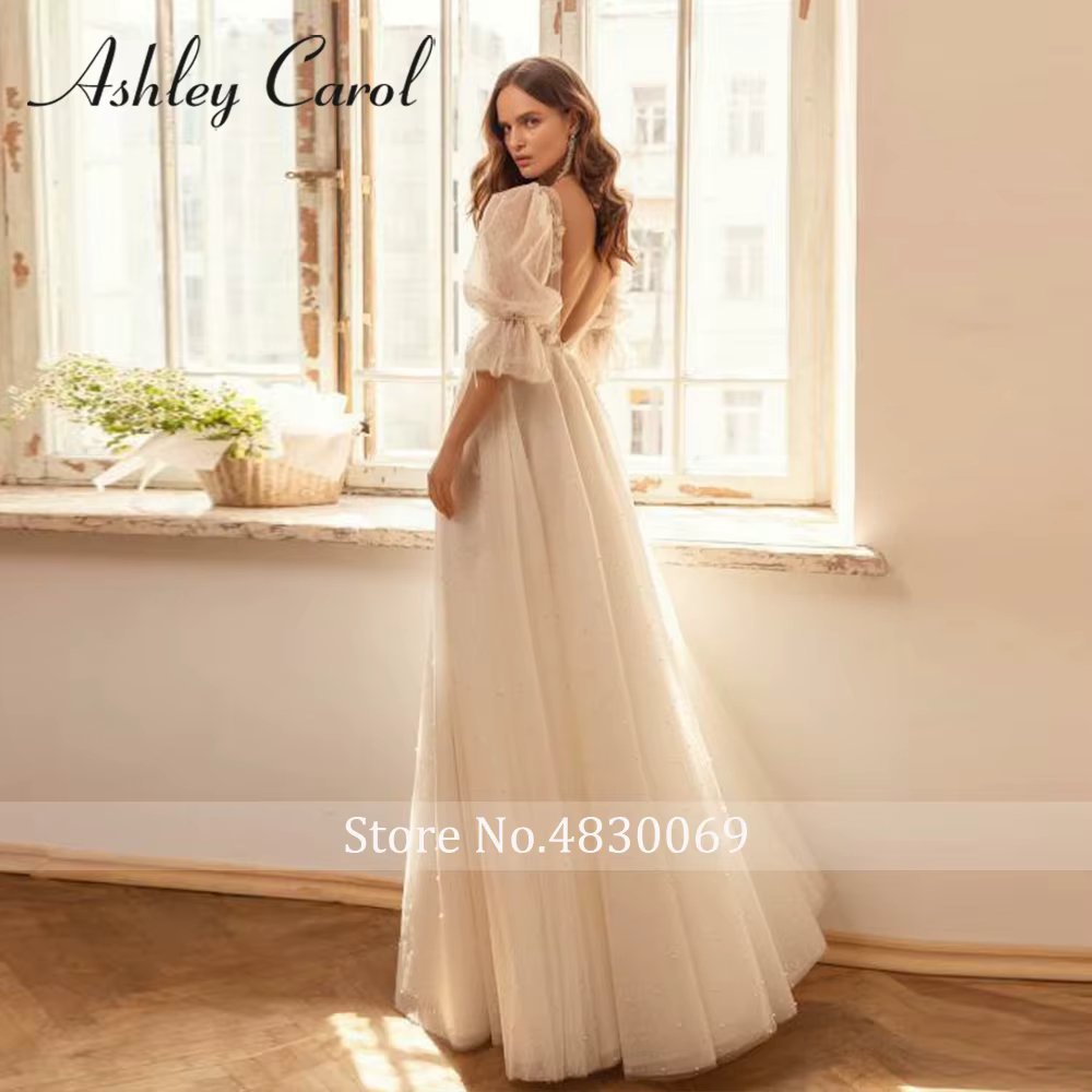 Ashley Carol robe De mariée manches bouffantes Illusion col en v profond en mousseline De soie perles a-ligne princesse