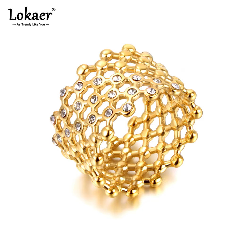 Lokaer cubique Zircon CZ pierre cristal large anneau bijoux femmes en acier inoxydable étanche 18K plaqué or bagues de déclaration R24002