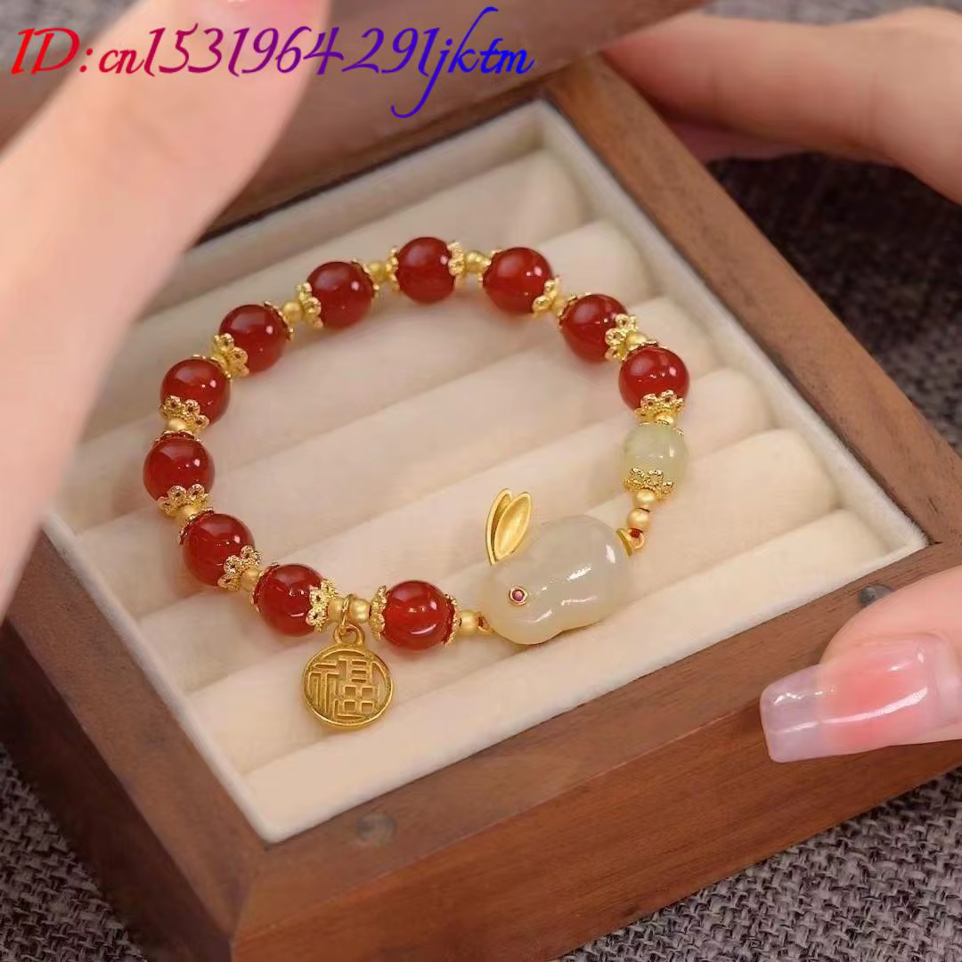 Bracelet lapin en Jade véritable, cadeaux pour femmes, pierres précieuses de styliste, amulette d'agate sculptée, bijoux naturels, accessoires Vintage