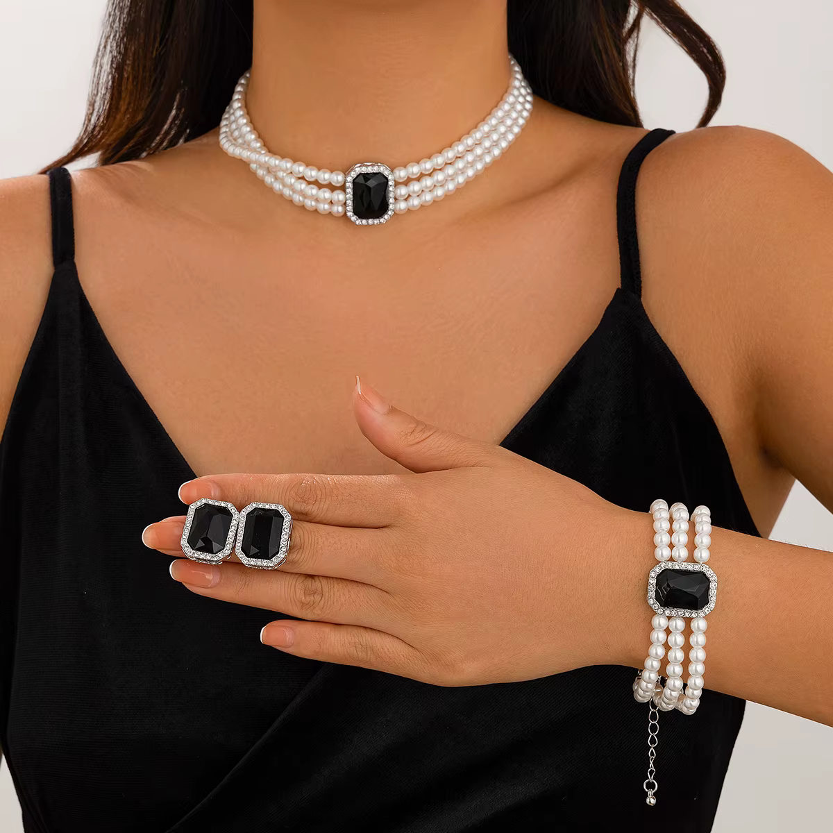 3 pièces/ensemble de luxe multicouche Imitation perle femmes ensemble de bijoux de mariée collier en cristal Bracelet