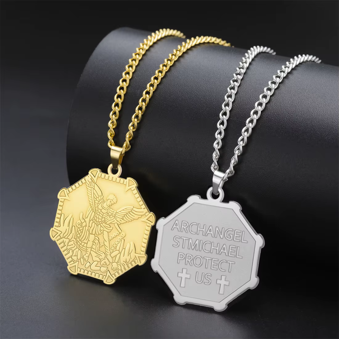 EUEAVAN archange St Michael colliers en acier inoxydable Protection occulte Talisman pendentif chaîne Double face bijoux chrétiens