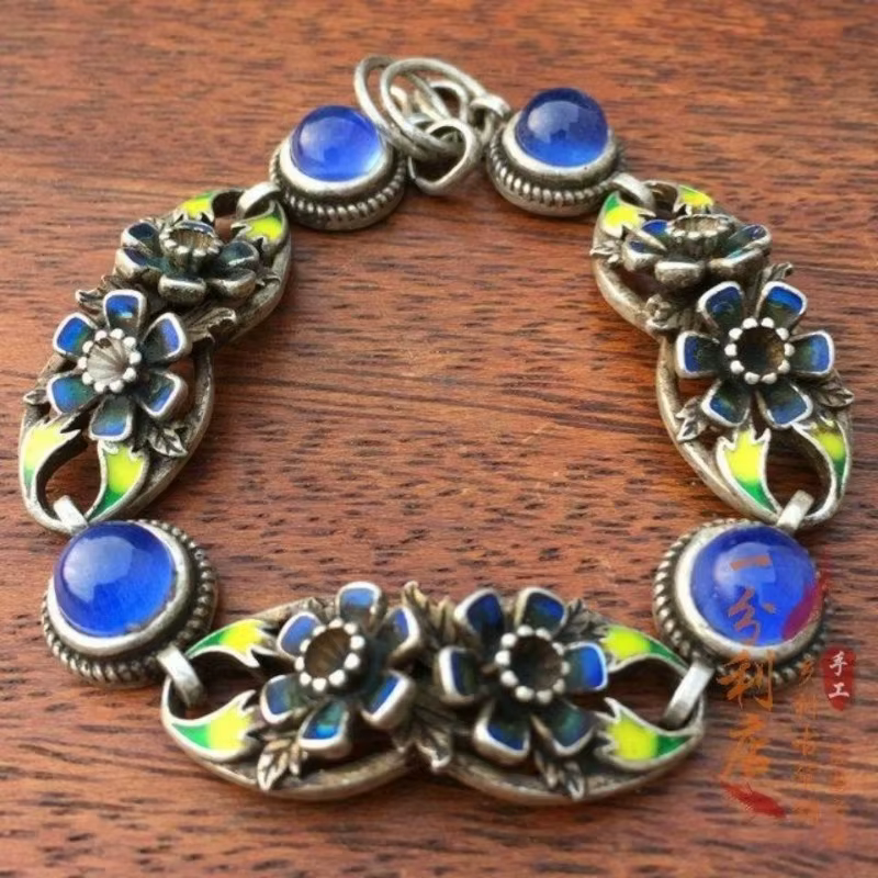Bracelet vintage en argent tibétain avec motif floral en émail, incrustation de gemmes étoile bleue, bijou de poignet ethnique rétro