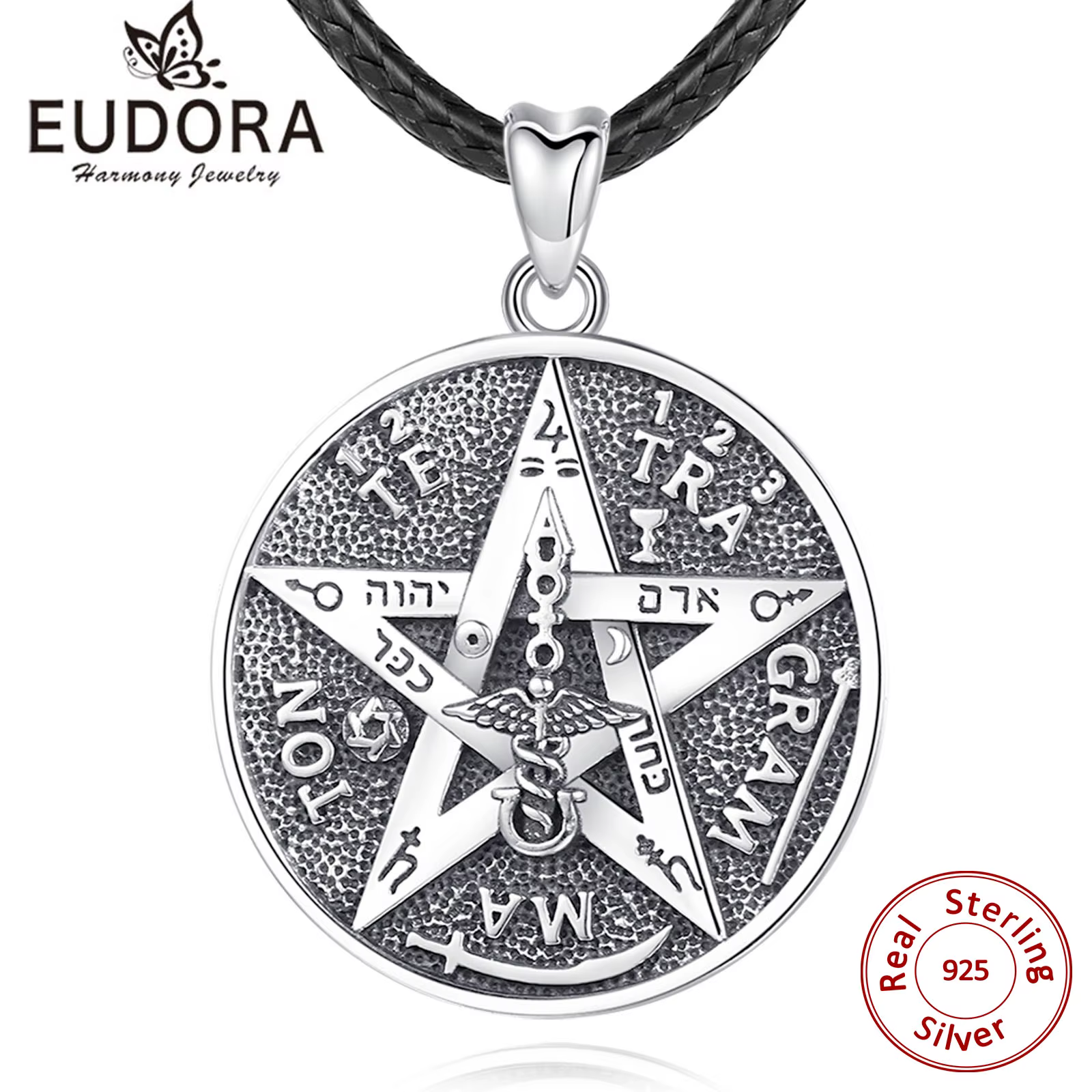 EUDORA 925 argent Sterling pentagramme Runes colliers amulette chaîne en cuir gardien étoile tétrgrammaton pendentif pour hommes bijoux