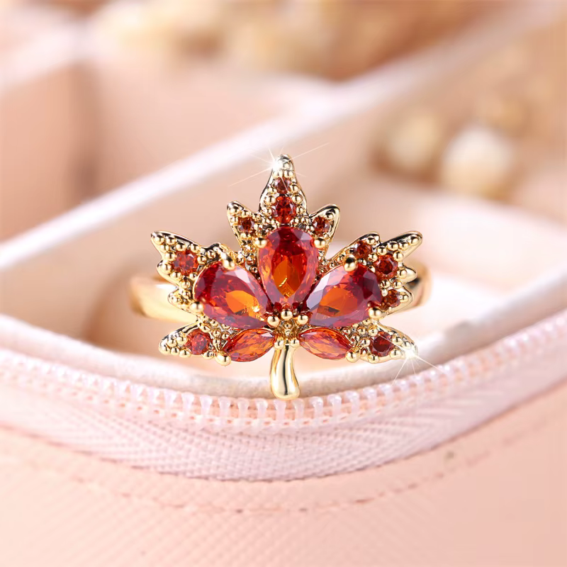 Bague en pierre rouge pour femme, bijoux de fiançailles pour mariée, cadeau de mariage pour femme, document en or jaune cheminée, érable, mignon