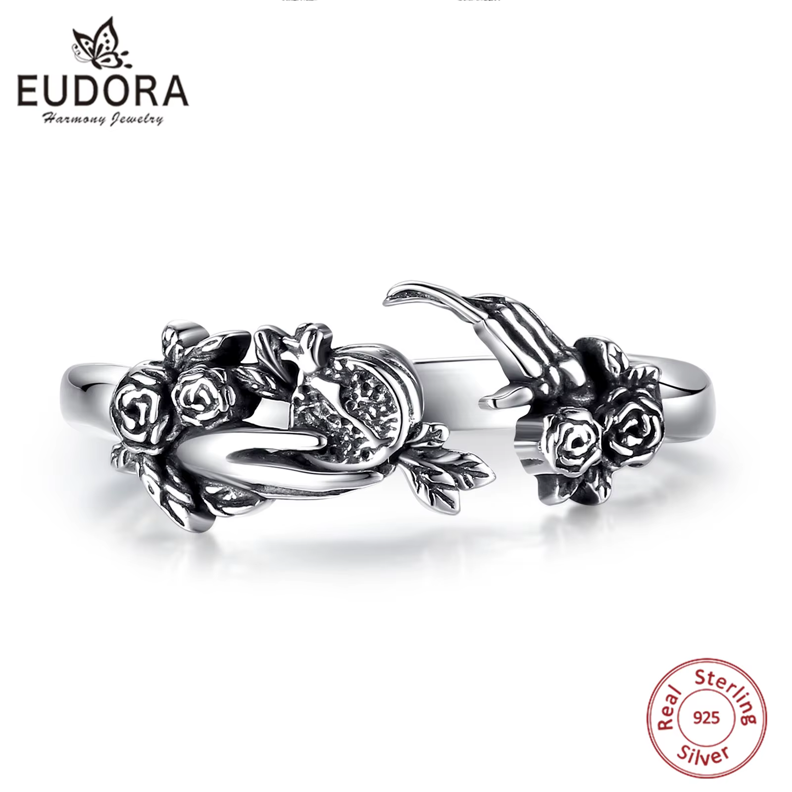 Bague ajustable Eudora en argent sterling 925, déesse sombre Persephone, bague crâne grenade, mythologie grecque, bijoux Wicca pour femmes