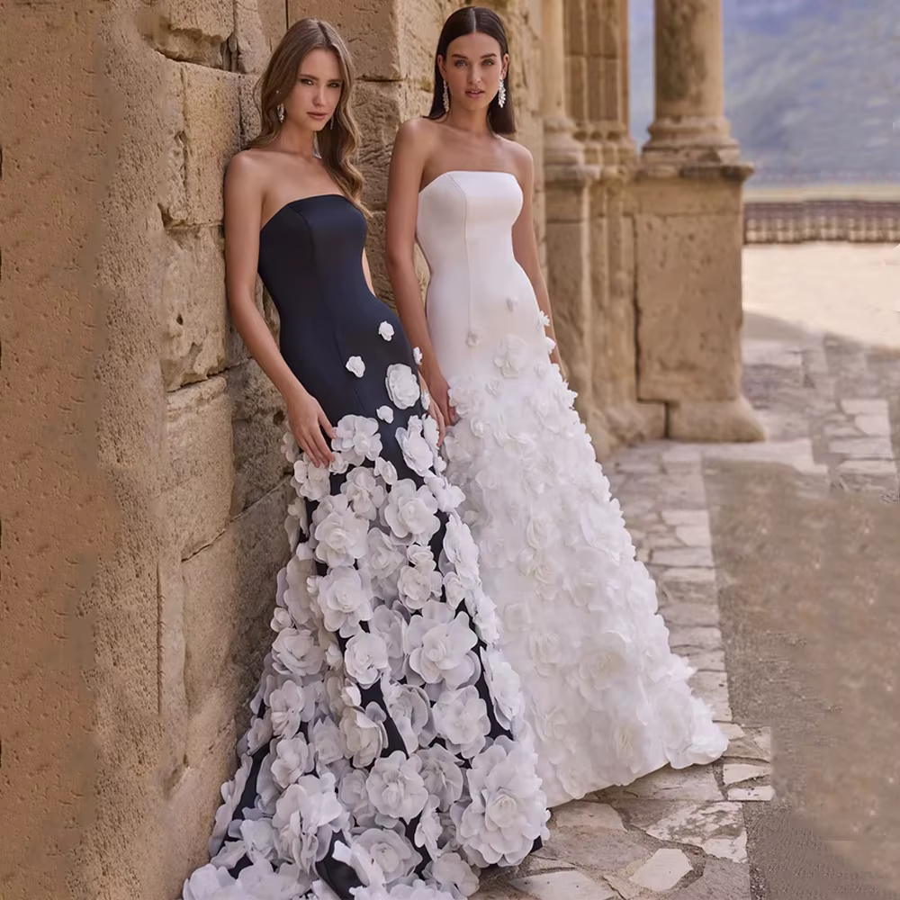 Robe de mariée arabe avec fleurs personnalisées silhouette sirène sans bretelles polyester satiné pour cérémonies traditionnelles et événements culturels
