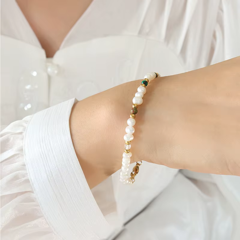 Amaiyllis-Bracelet de Perles d'Eau Douce Naturelles en Titane et Acier Plaqué Or