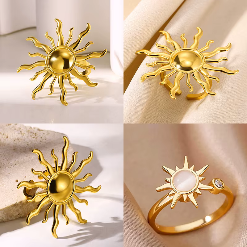 Bagues de soleil exagérées pour femmes, couleur or, acier inoxydable, anneau réglable, mode fête d'anniversaire, bijoux porte-bonheur, cadeau