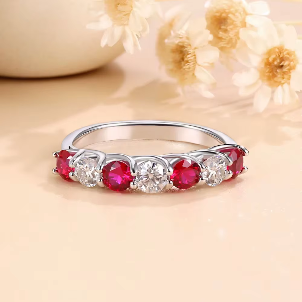 Bague LinkerLove Ruby pour femme, argent sterling S925, pierre précieuse moissanite, 7 pierres alternées, alliance de mariage, bijoux, cadeau d'anniversaire
