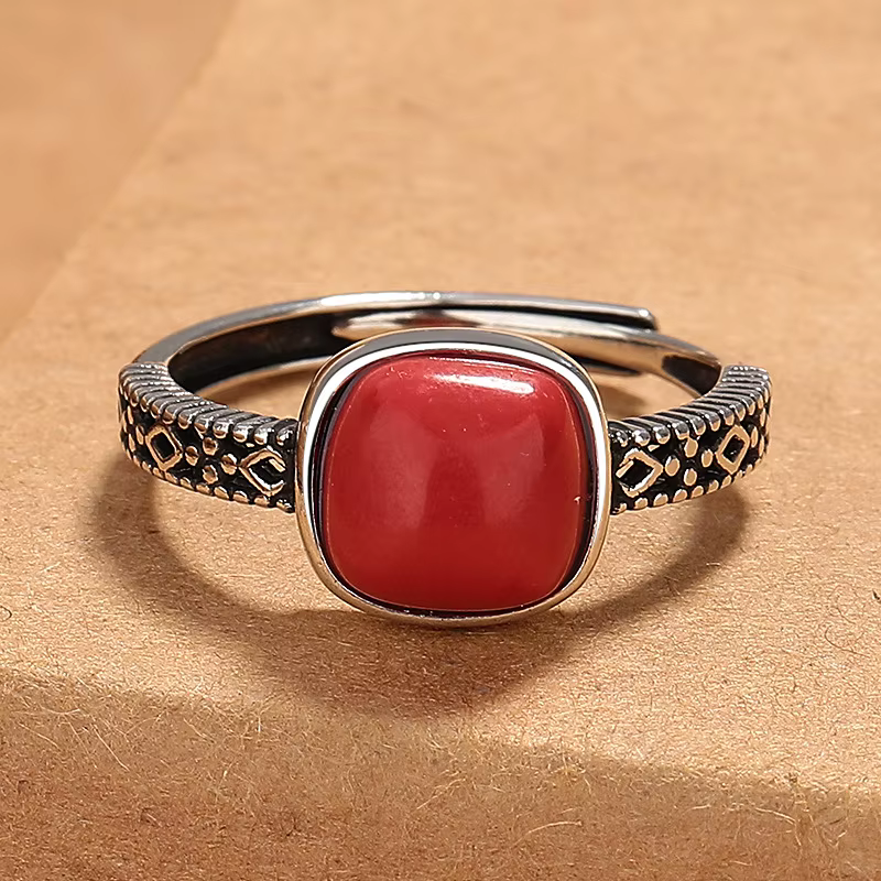 Bague en argent Sterling 925 avec pierres précieuses rouges