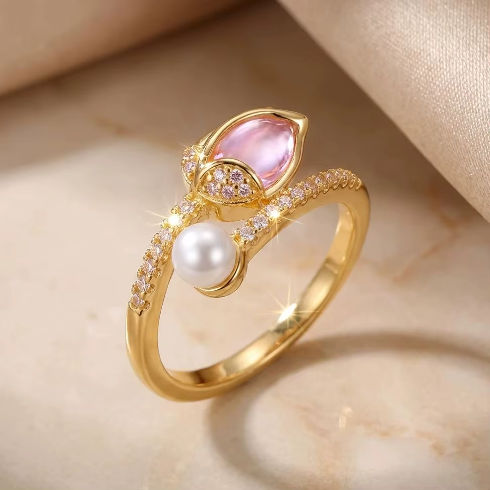 Élégantes bagues en forme de tulipe avec imitation de perles pour femmes