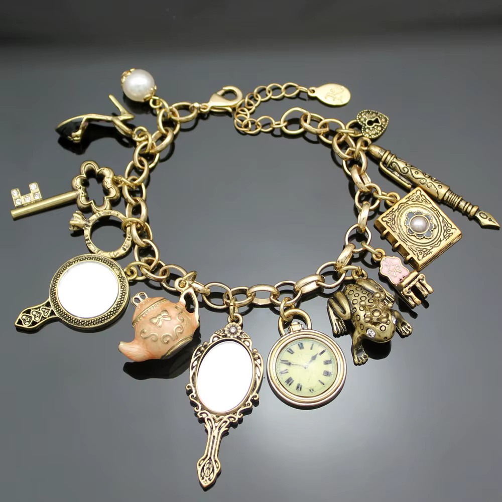Vintage pays des merveilles miroir breloques perles lien chaîne cristal bracelet bracelets pour femme Pulseira Masculina bijoux accessoires cadeau