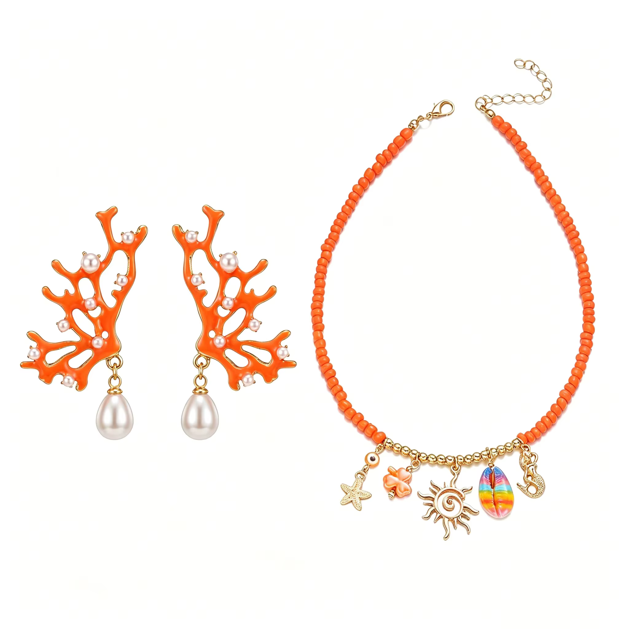 Ensemble collier et boucles d'oreilles bohèmes en corail orange et perles pour femme